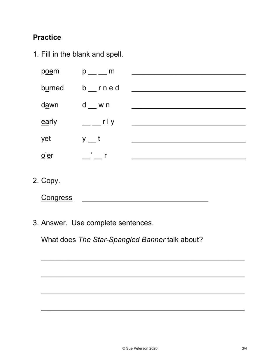 Sight word practice: students complete and spell poem, burned, dawn, early, yet, o'er, copy Congress and write an answer