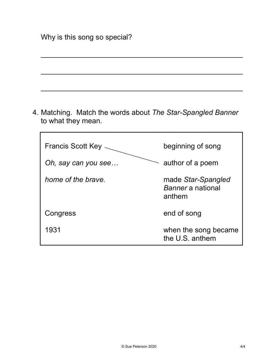 Anthem comprehension: students explain why the song is special, then match Key, Congress, 1931 and song lines to meanings