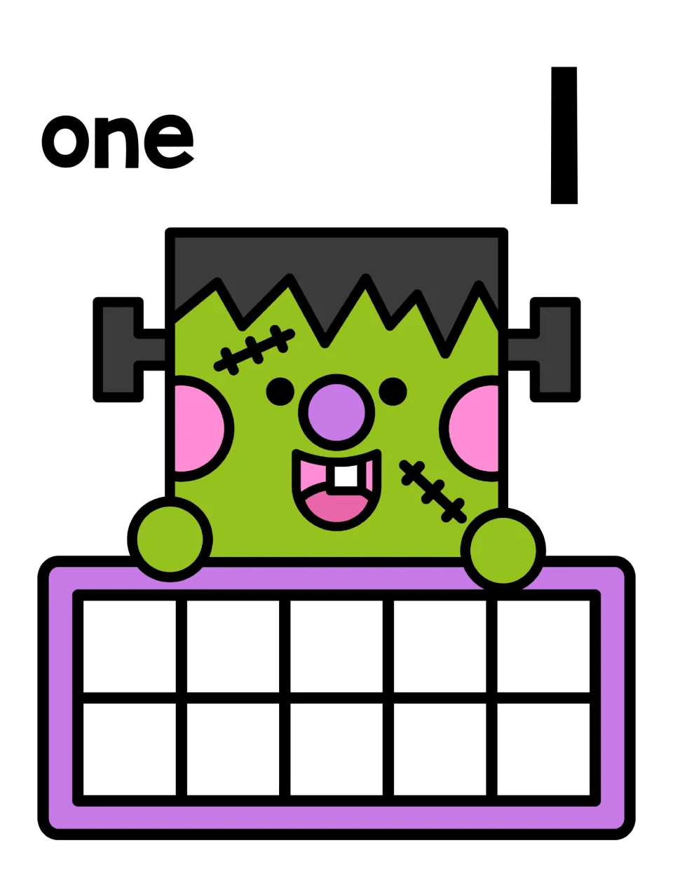 Number 1 counting mat: the word one and numeral 1 above a smiling Frankenstein holding an empty ten frame for counters