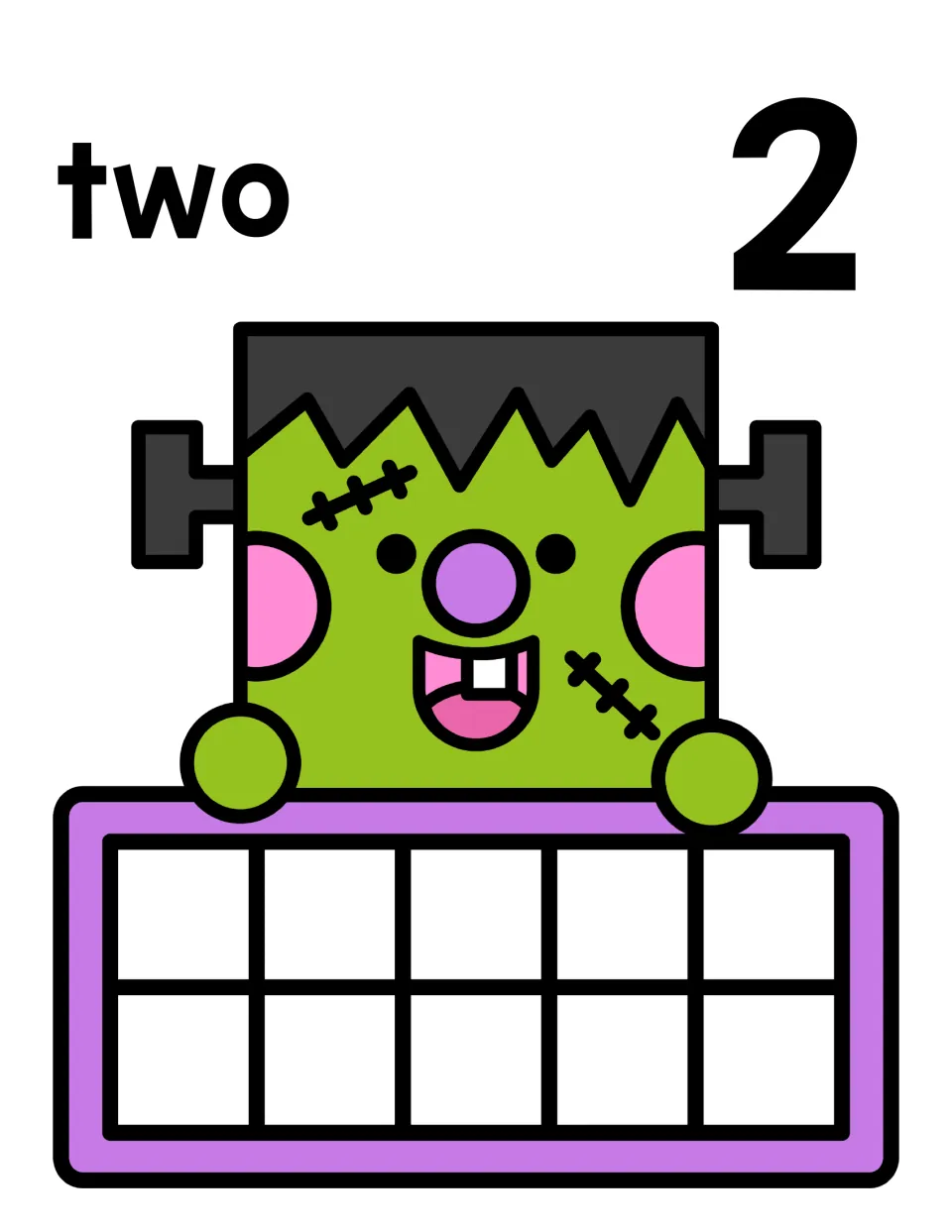 Number 2 counting mat: the word two and numeral 2 above a smiling Frankenstein holding an empty ten frame for counters