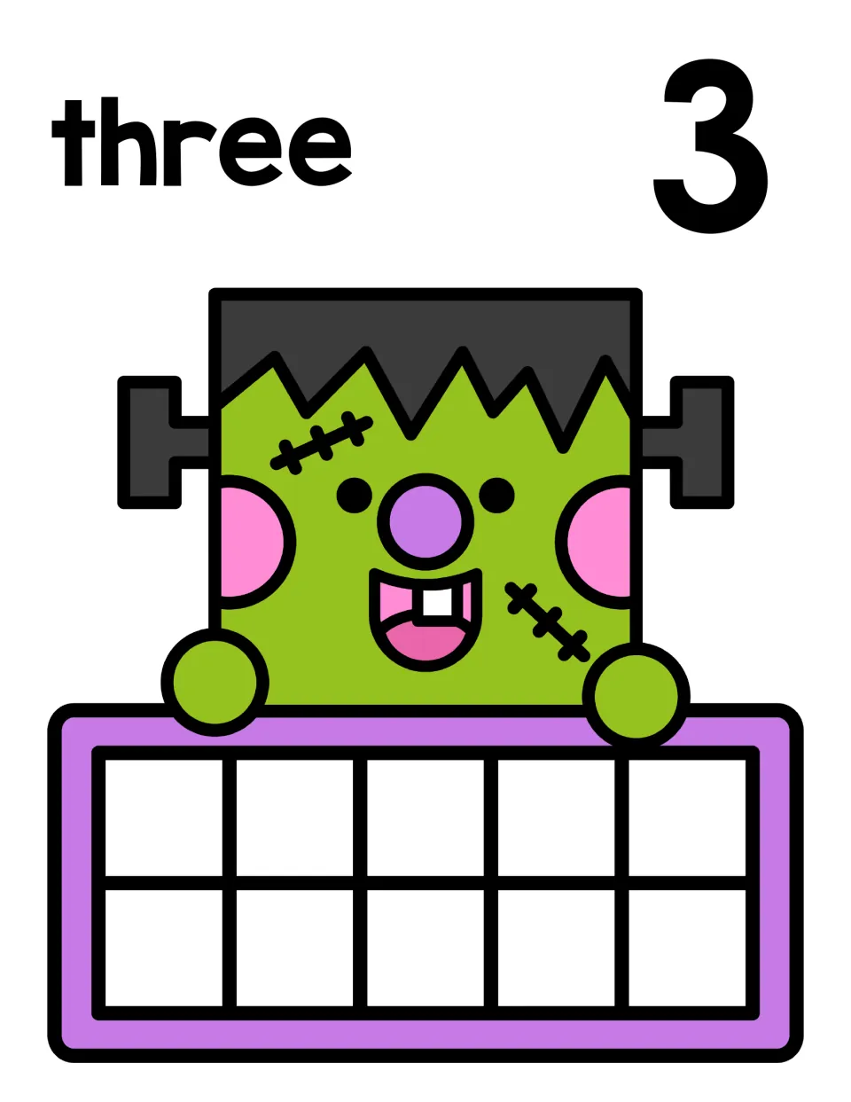 Number 3 counting mat: the word three and numeral 3 above a smiling Frankenstein holding an empty ten frame for counters