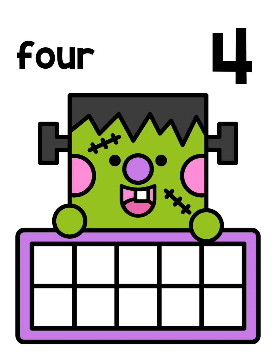Number 4 counting mat: the word four and numeral 4 above a smiling Frankenstein holding an empty ten frame for counters