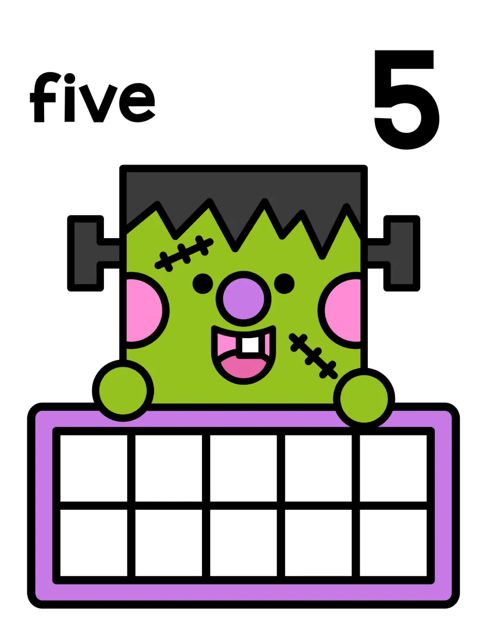 Number 5 counting mat: the word five and numeral 5 above a smiling Frankenstein holding an empty ten frame for counters