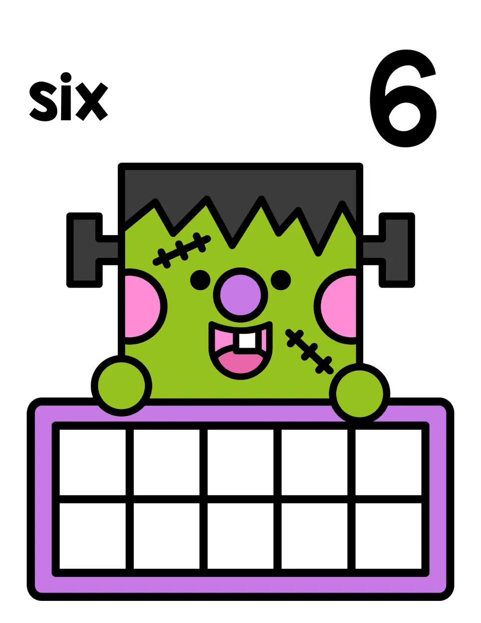 Number 6 counting mat: the word six and numeral 6 above a smiling Frankenstein holding an empty ten frame for counters