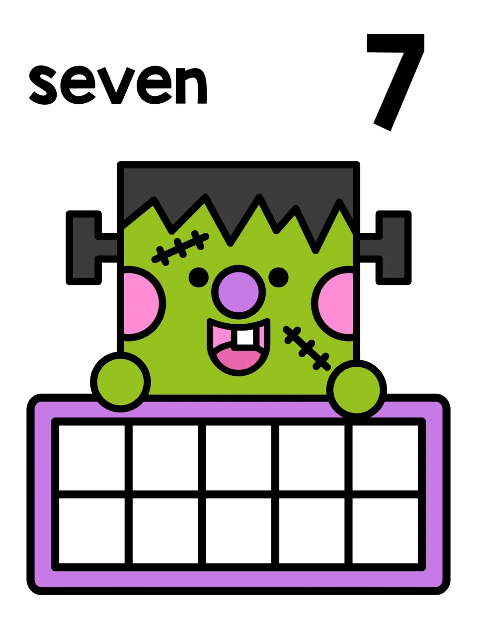 Number 7 counting mat: the word seven and numeral 7 above a smiling Frankenstein holding an empty ten frame for counters
