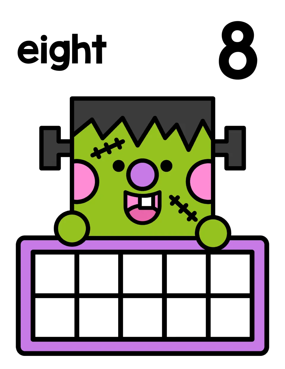 Number 8 counting mat: the word eight and numeral 8 above a smiling Frankenstein holding an empty ten frame for counters