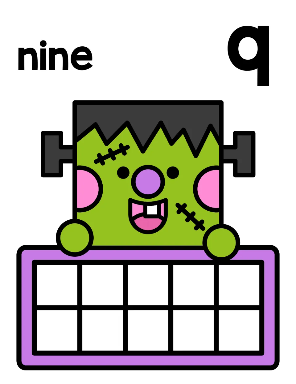 Number 9 counting mat: the word nine and numeral 9 above a smiling Frankenstein holding an empty ten frame for counters