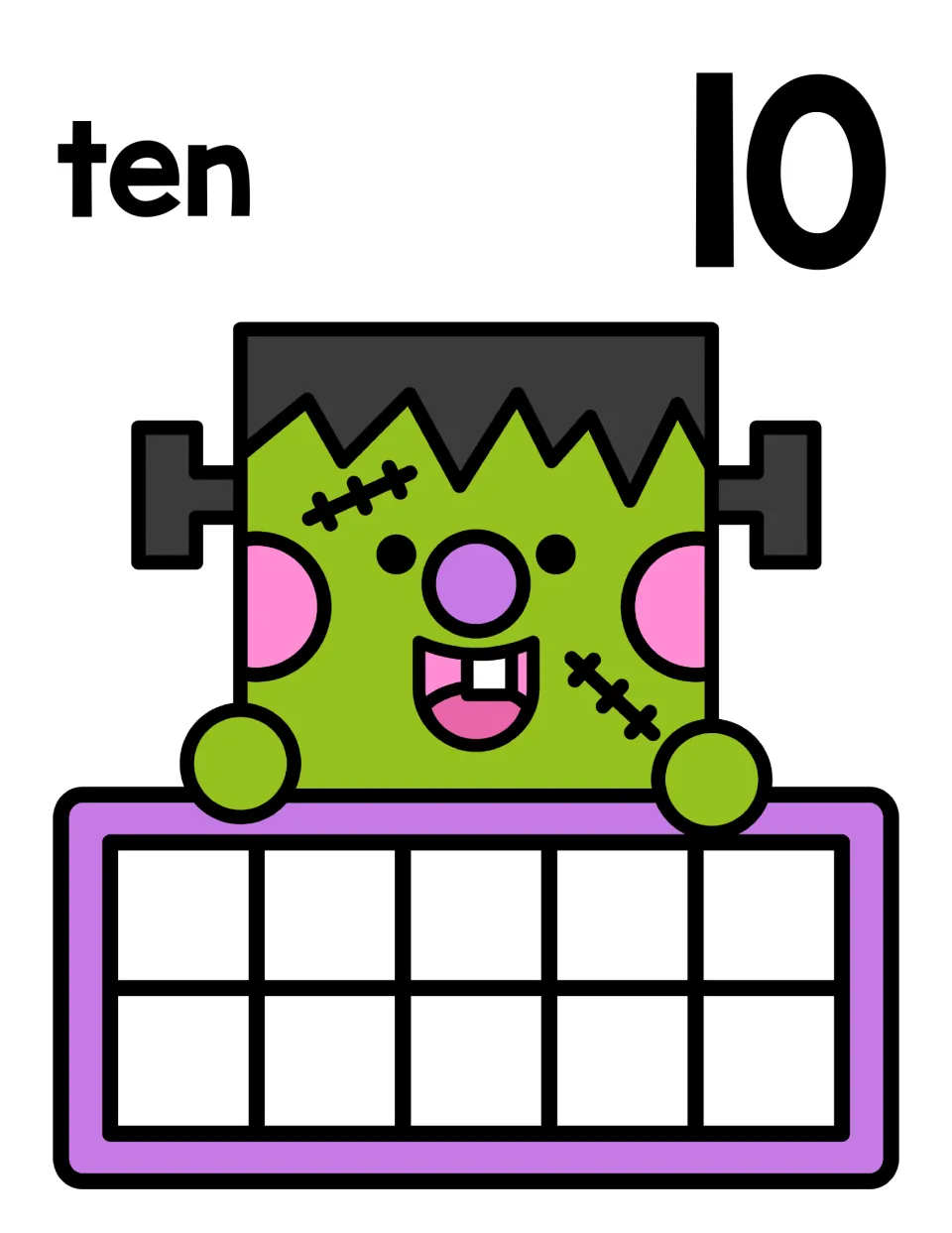Number 10 counting mat: the word ten and numeral 10 above a smiling Frankenstein holding an empty ten frame for counters
