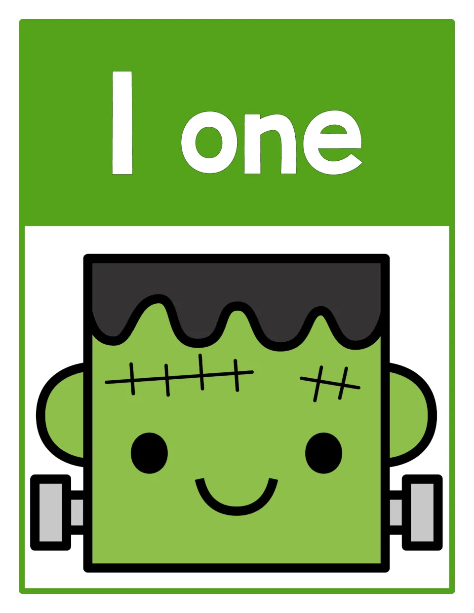 Counting poster 1 of 10: numeral 1, the word 'one', and one Frankenstein head representing the quantity.