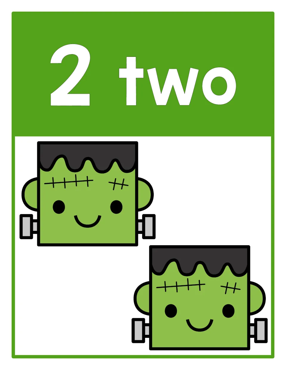 Counting poster 2 of 10: numeral 2, the word 'two', and two Frankenstein heads representing the quantity.