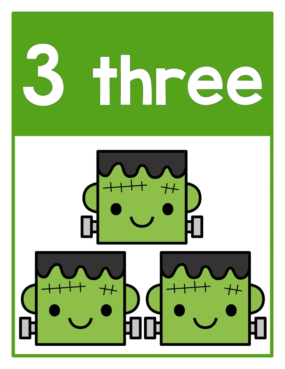 Counting poster 3 of 10: numeral 3, the word 'three', and three Frankenstein heads representing the quantity.