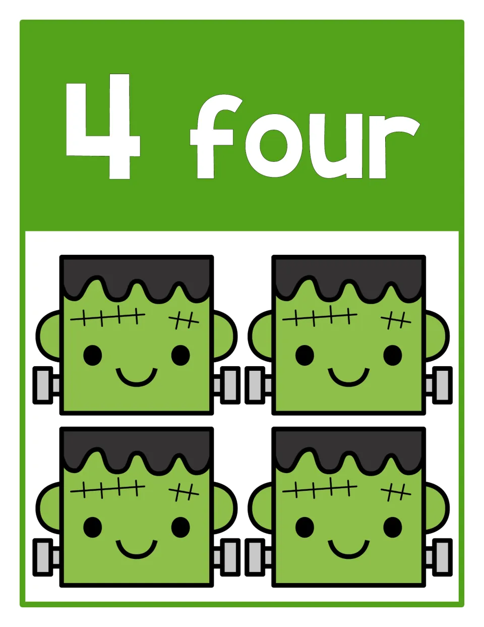 Counting poster 4 of 10: numeral 4, the word 'four', and four Frankenstein heads representing the quantity.