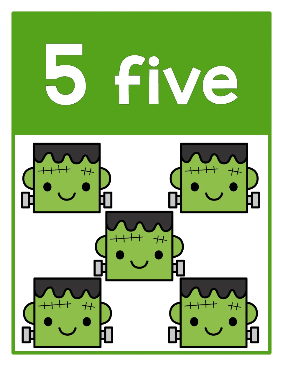 Counting poster 5 of 10: numeral 5, the word 'five', and five Frankenstein heads representing the quantity.