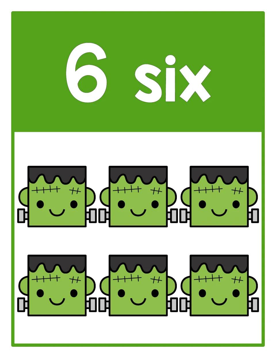 Counting poster 6 of 10: numeral 6, the word 'six', and six Frankenstein heads representing the quantity.