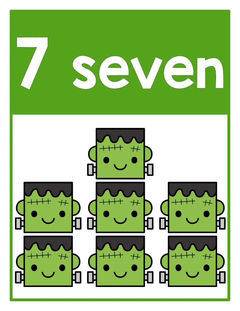 Counting poster 7 of 10: numeral 7, the word 'seven', and seven Frankenstein heads representing the quantity.