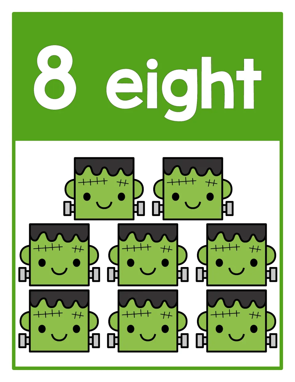 Counting poster 8 of 10: numeral 8, the word 'eight', and eight Frankenstein heads representing the quantity.