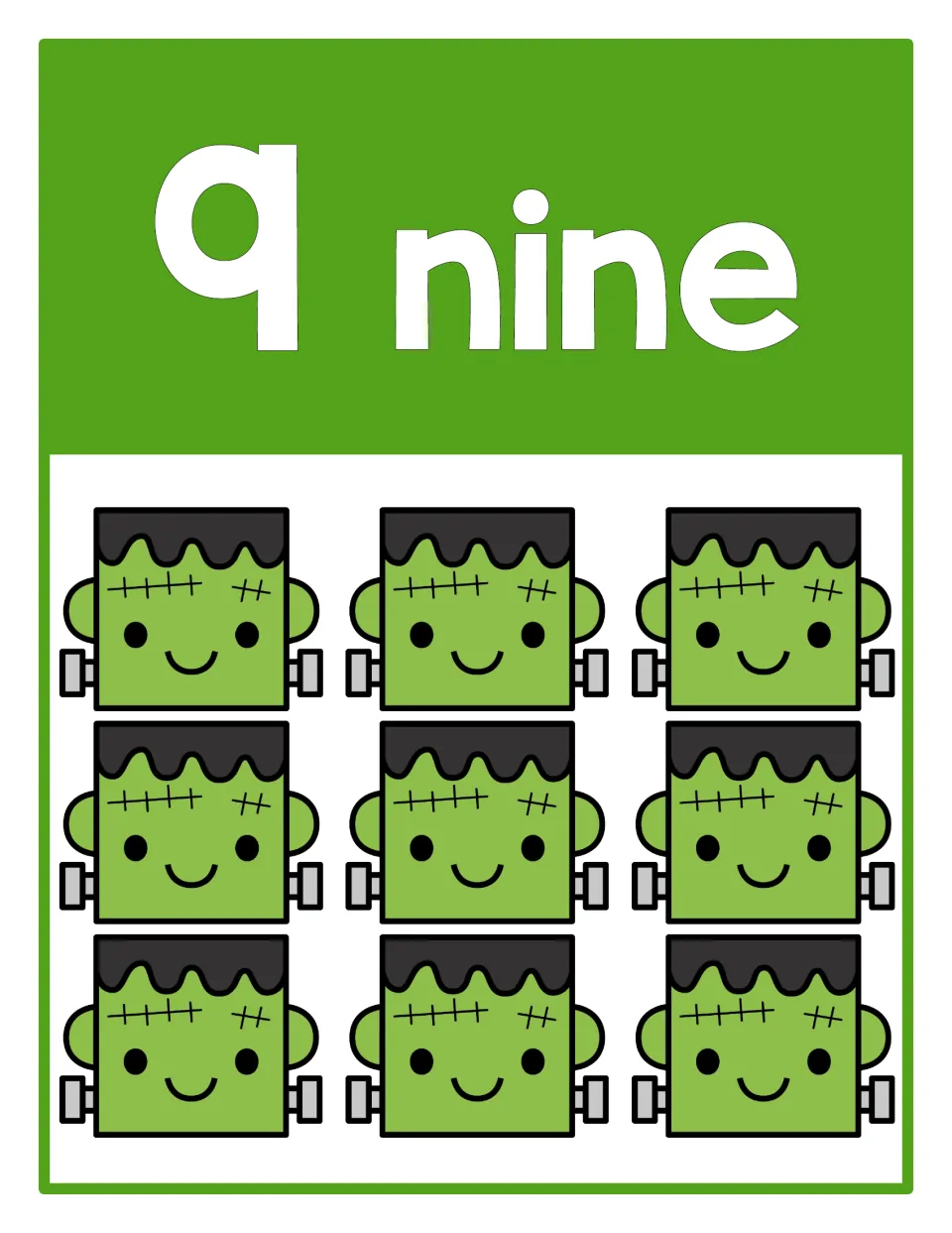 Counting poster 9 of 10: numeral 9, the word 'nine', and nine Frankenstein heads representing the quantity.