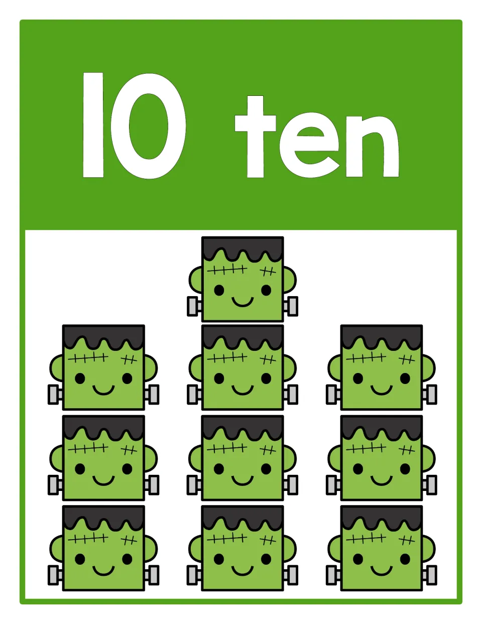 Counting poster 10 of 10: numeral 10, the word 'ten', and ten Frankenstein heads representing the quantity.