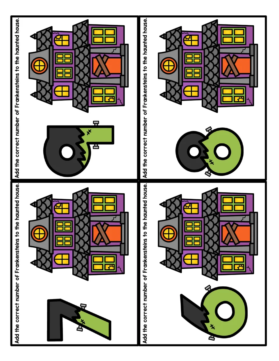 Counting to 10 task cards for 6, 7, 8 and 9: students add that many Frankensteins to the haunted house on each card