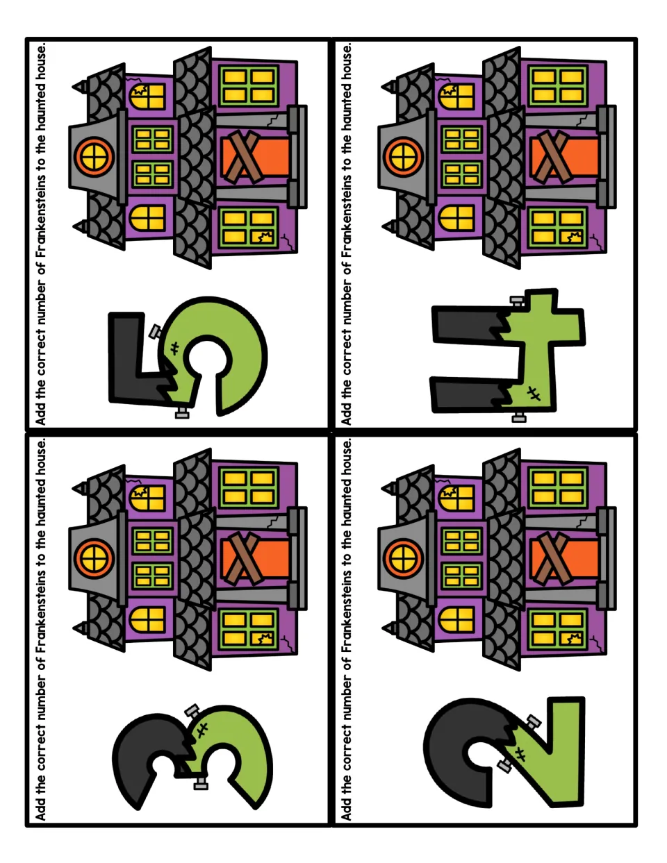 Haunted house counting cards for numbers 2 to 5: children place the matching count of Frankensteins on each house