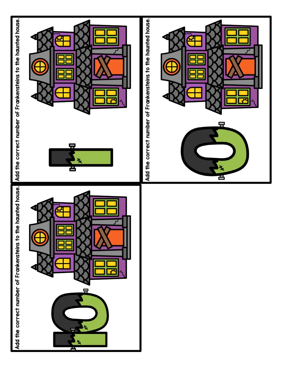 Counting cards for 0, 1 and 10: students set zero, one or ten Frankensteins on the haunted house to show each number