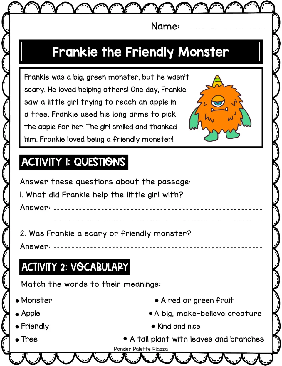 Short story of a green monster who picks an apple for a girl; students answer 2 questions and match 4 vocabulary words