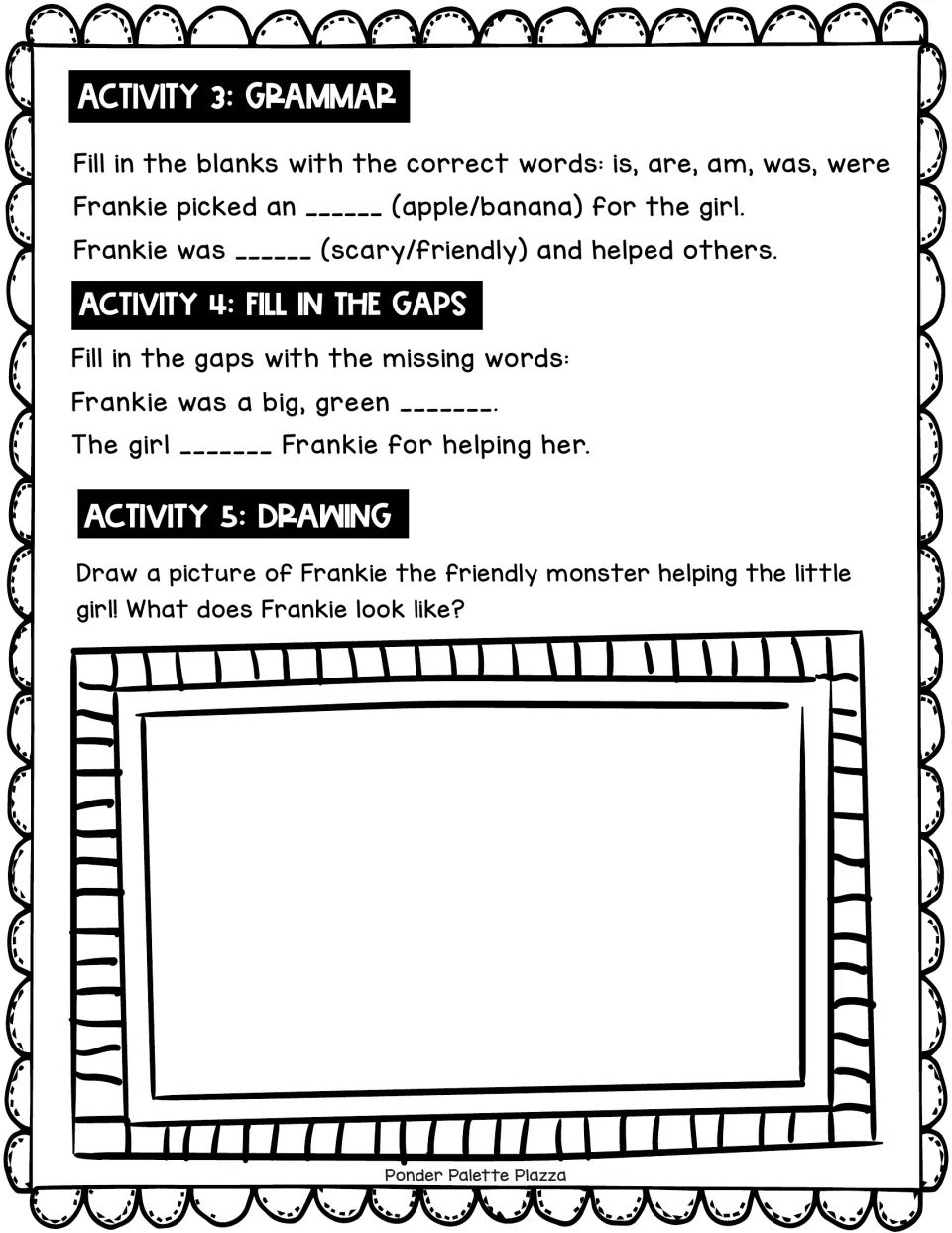 Frankie story follow-up: students complete grammar and fill-in-the-gap sentences, then draw Frankie helping the girl