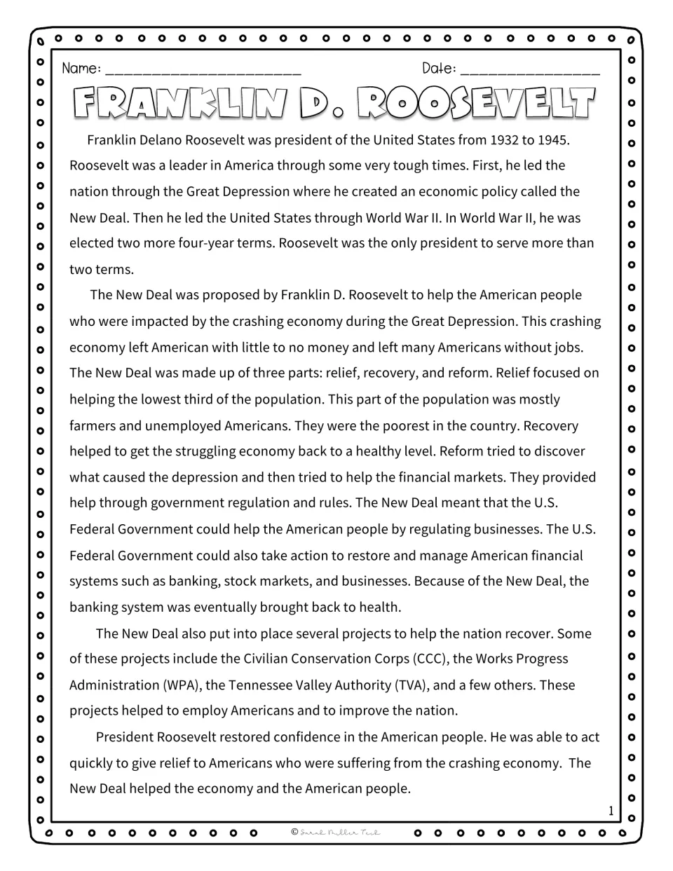 FDR reading passage on the Great Depression, World War II and the New Deal's relief, recovery and reform, plus CCC and WPA