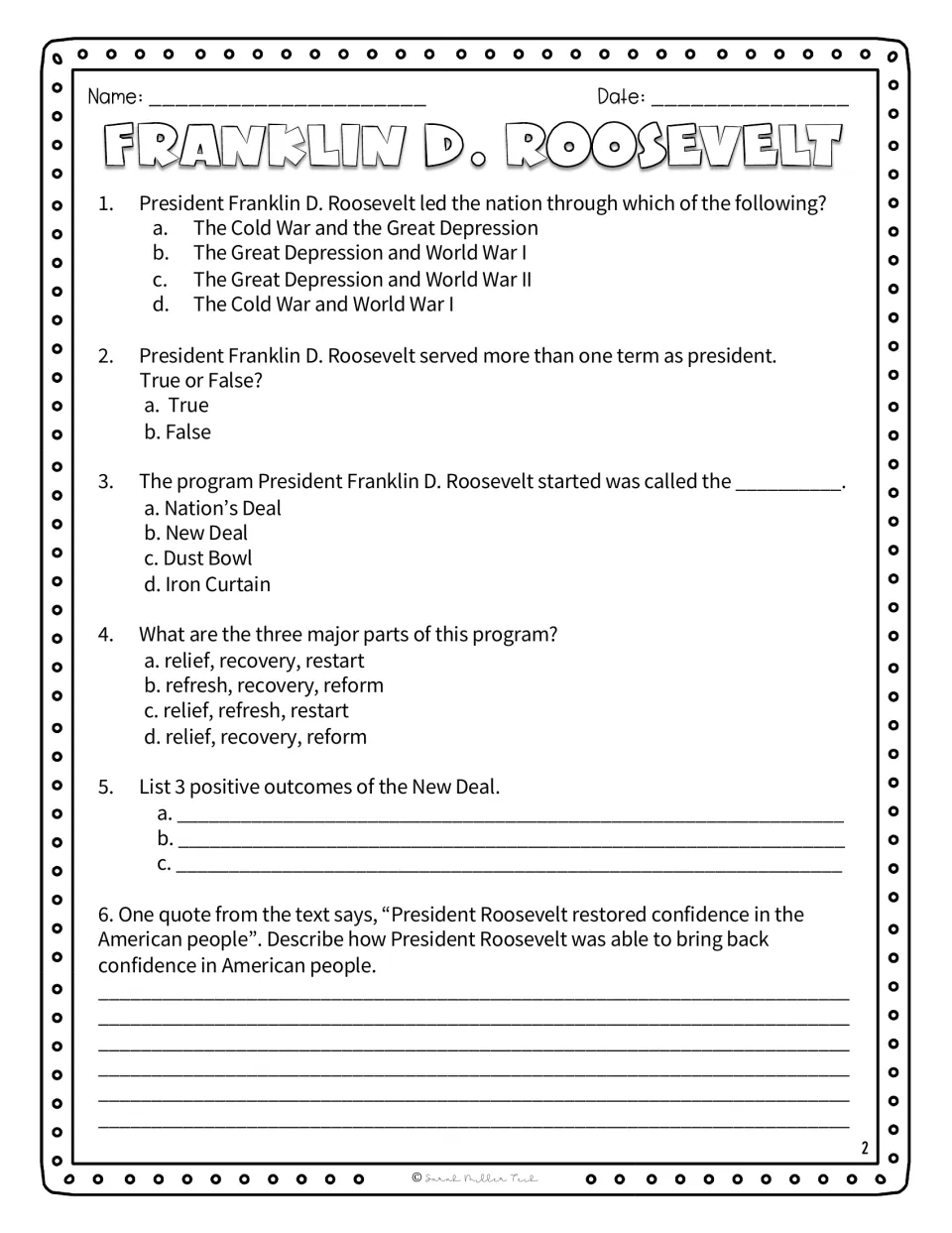 New Deal comprehension: students answer 4 multiple-choice items, list 3 outcomes and explain how FDR restored confidence