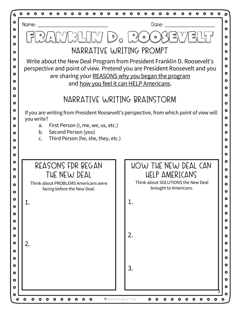 Narrative writing brainstorm: students pick a point of view, list why FDR began the New Deal and how it helps Americans