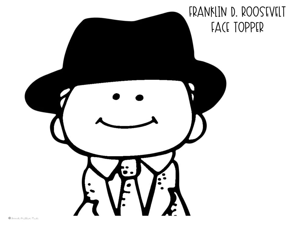 Roosevelt face topper cut-out piece: smiling cartoon president in a black fedora, tie and collar to color and cut out