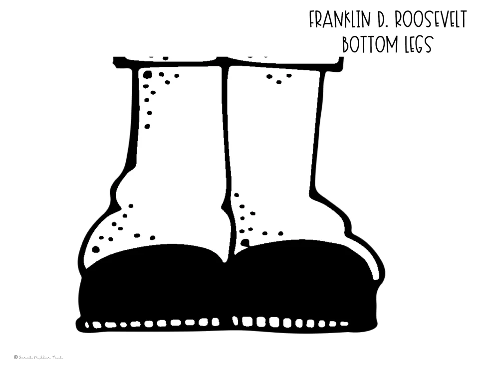 Roosevelt bottom legs cut-out piece: cartoon trouser legs and black shoes to color, cut out and attach to the figure