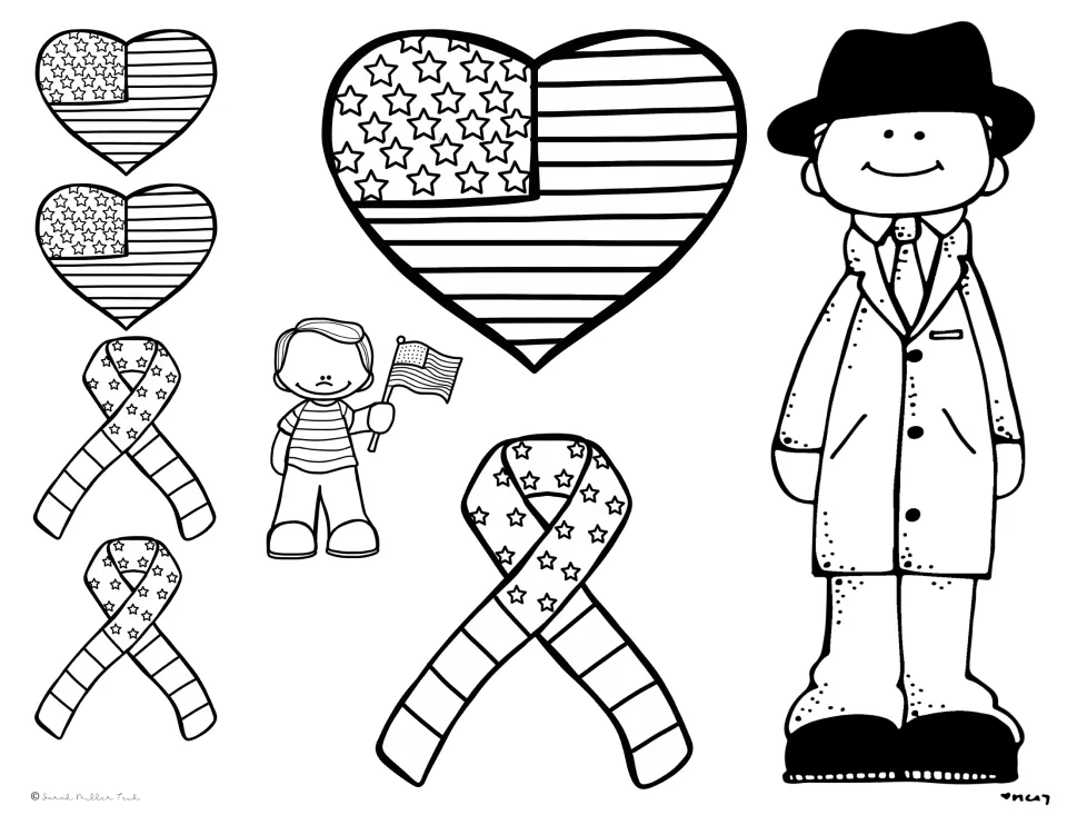 Patriotic coloring cut-outs: flag hearts, star-and-stripe ribbons, a boy waving a flag and full-length FDR in hat and coat