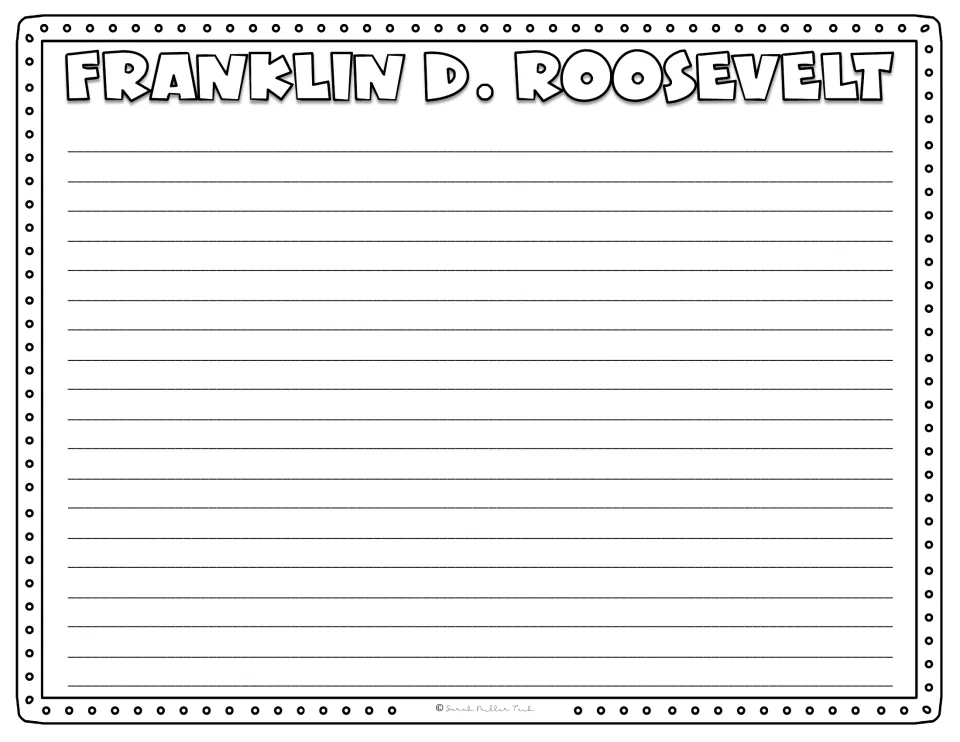 Roosevelt writing page: students write their narrative or a report about the president beneath a bubble-letter heading