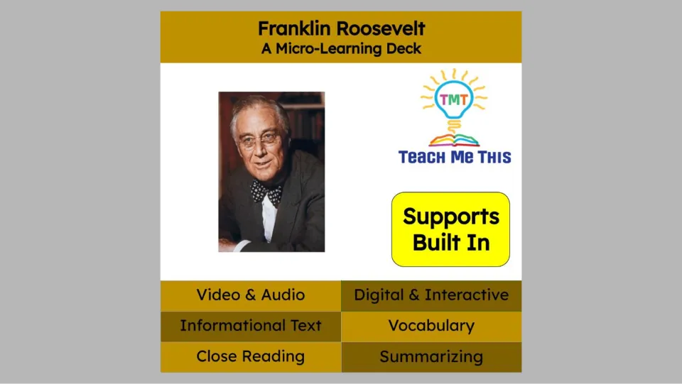 Cover of the Roosevelt micro-learning deck listing video, audio, informational text, and vocabulary supports
