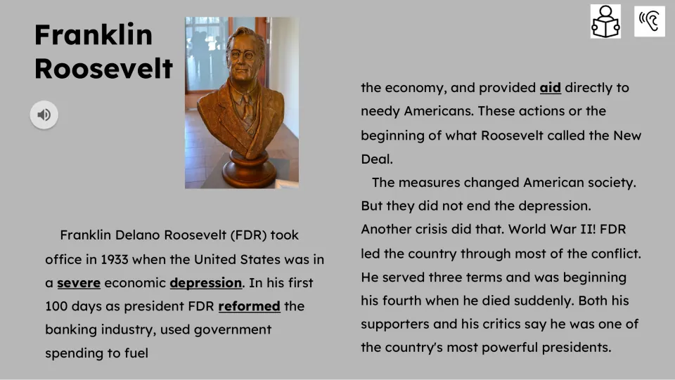 Reading passage covers Roosevelt’s first 100 days, New Deal aid, World War II leadership, and fourth term