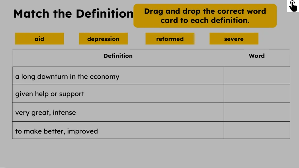 Definition-matching activity asks students to match aid, depression, reformed, and severe to their meanings