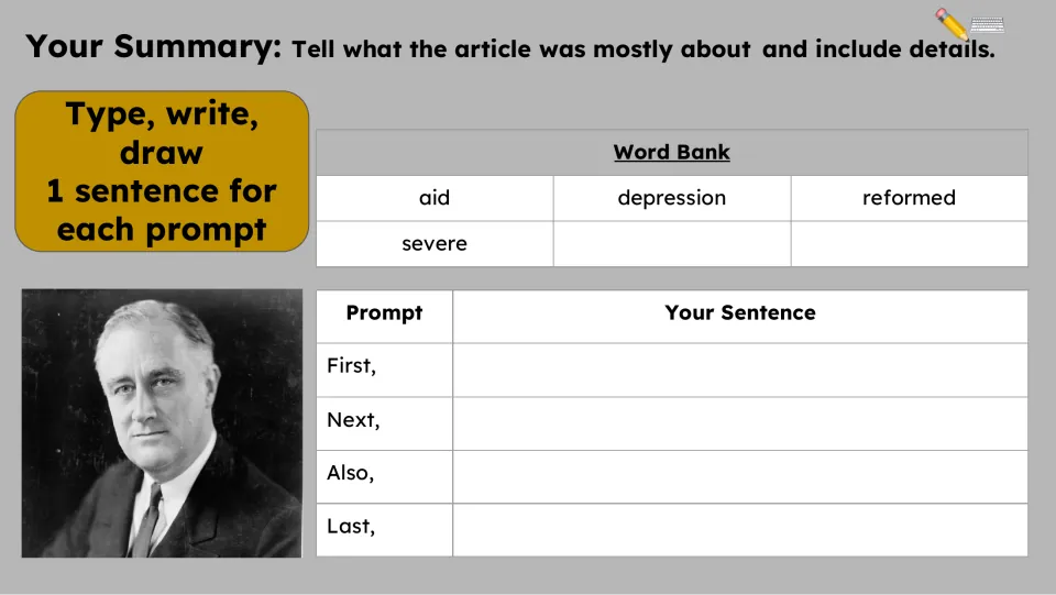 Summary activity asks for one sentence each using First, Next, Also, and Last, with a four-word vocabulary bank