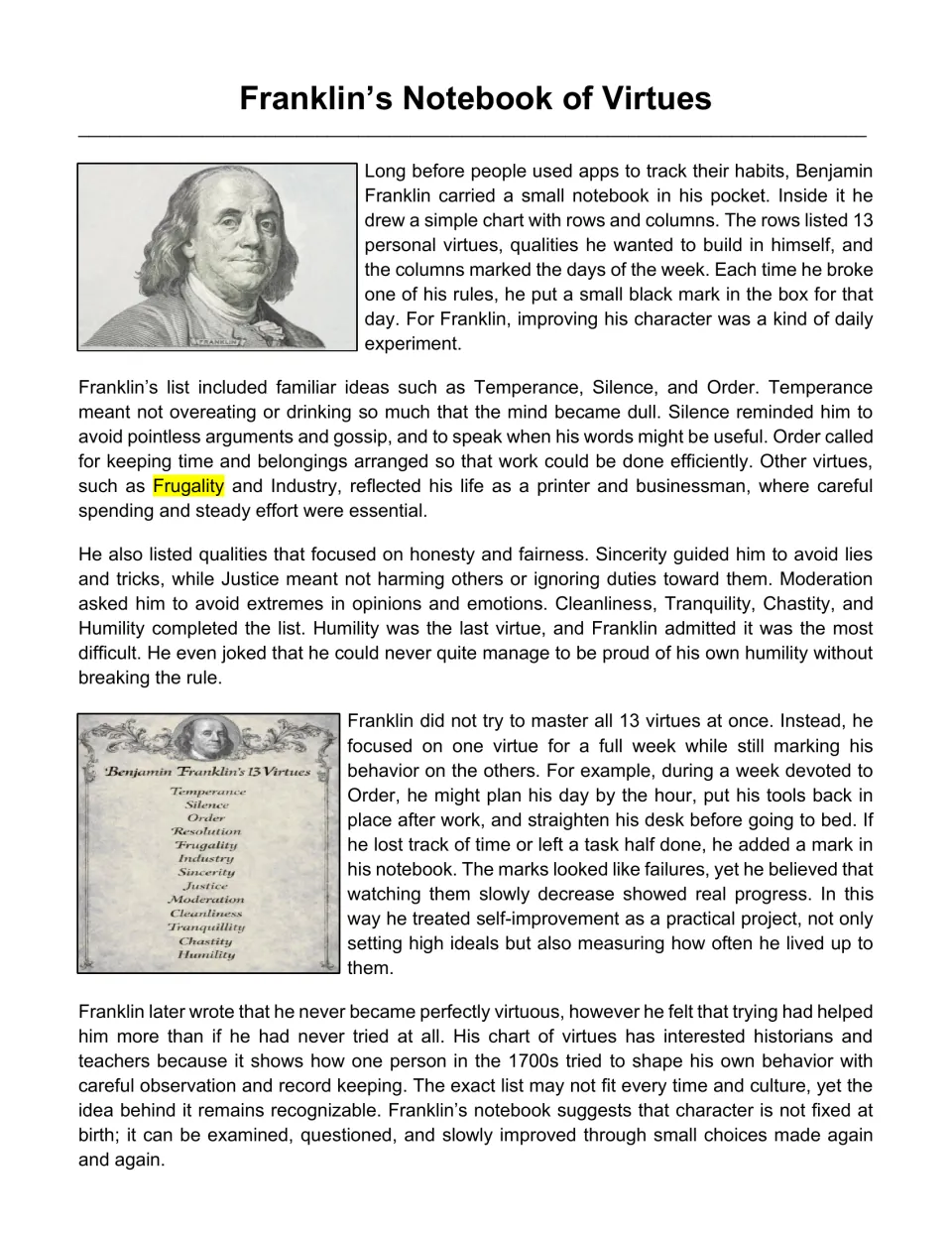 Reading passage about Benjamin Franklin’s 13 virtues and his notebook for tracking daily behavior and progress.