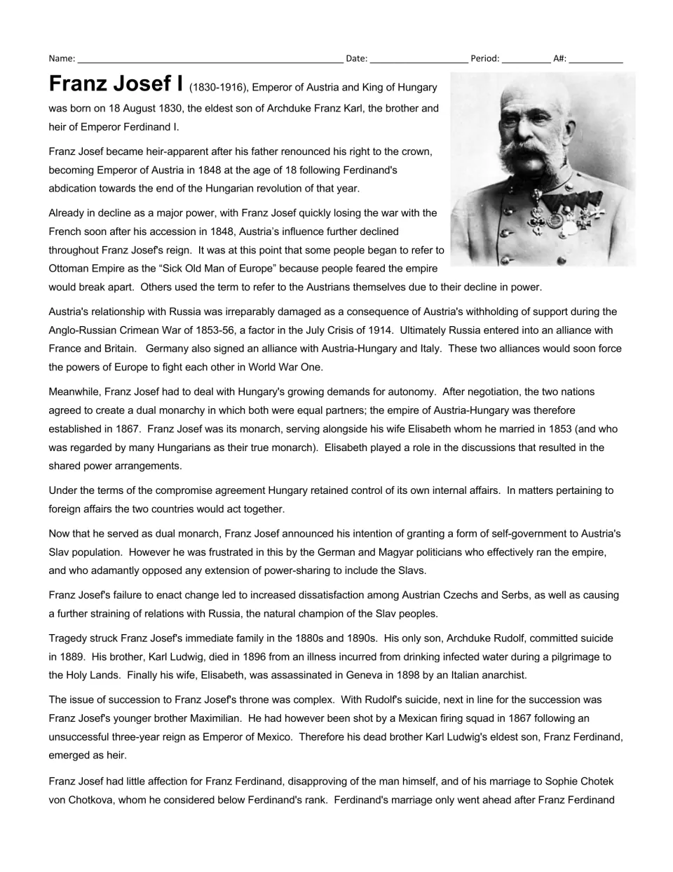 Franz Josef I biography reading: students read about his rise in 1848, the 1867 dual monarchy and family tragedies