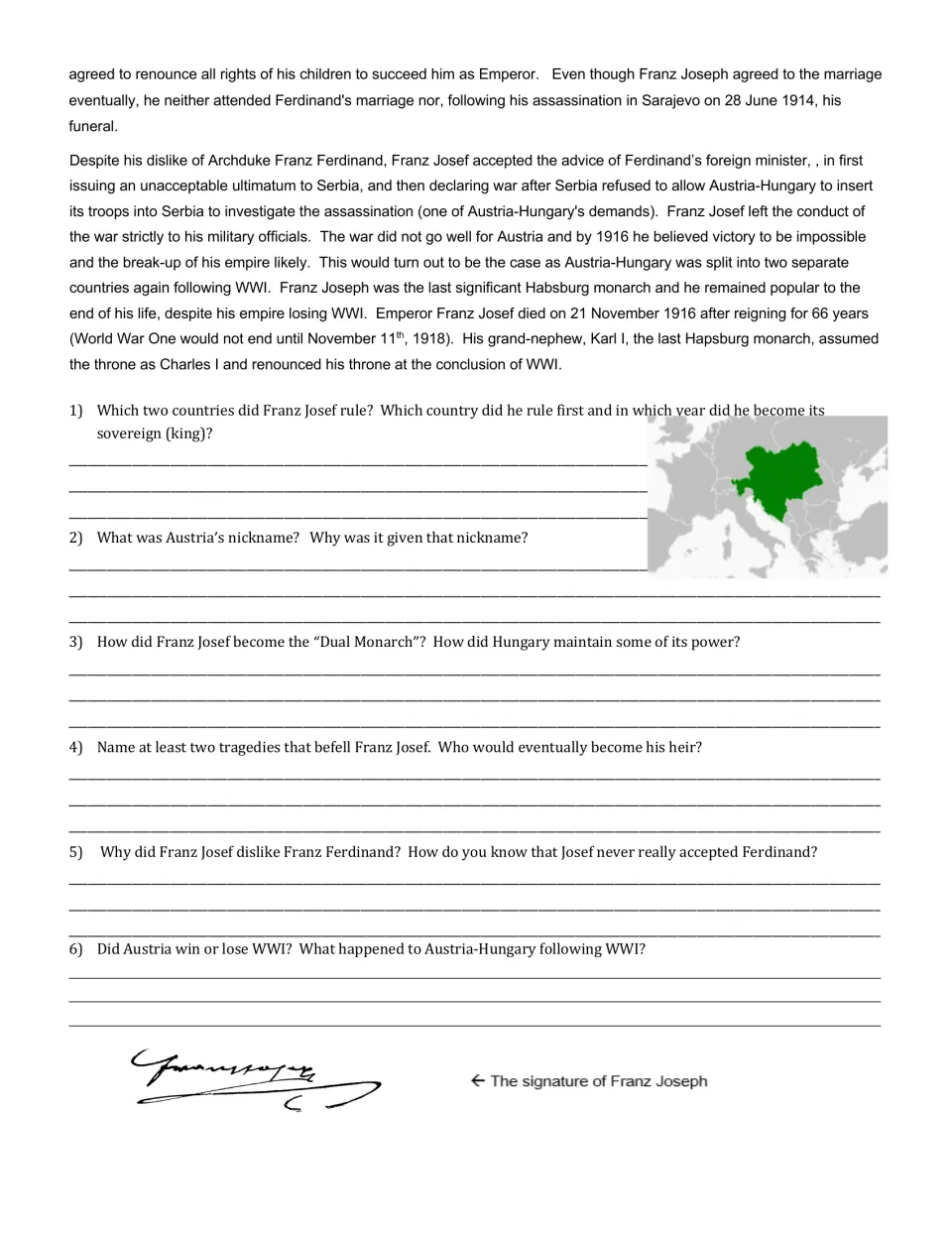 Franz Josef and WWI: reading ends with Sarajevo, then students answer 6 comprehension questions with an empire map
