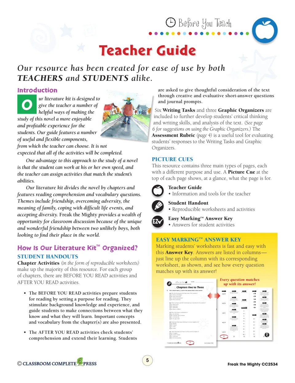 Teacher guide explains before- and after-reading activities, six writing tasks, and three graphic organizers