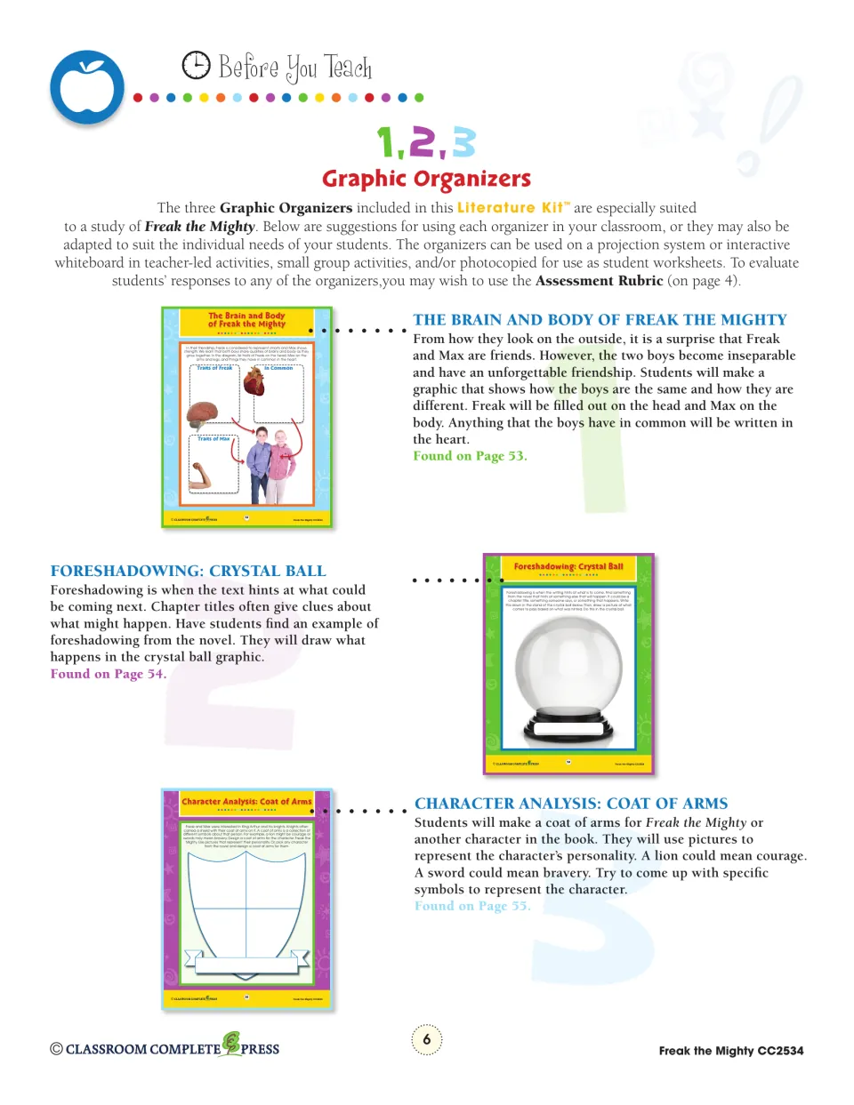 Graphic organizer guide explains comparing Max and Freak, illustrating foreshadowing, and making a coat of arms