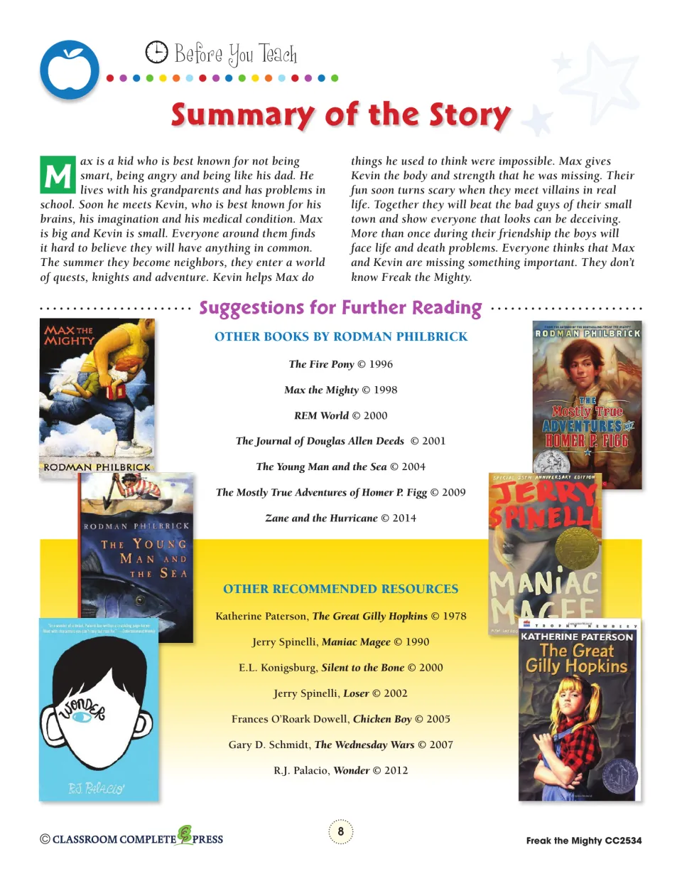 Story summary introduces Max and Kevin's friendship and adventures, followed by suggestions for further reading