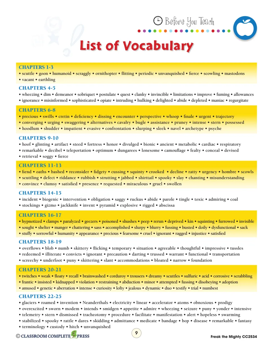 Vocabulary reference groups words by ten chapter sections, including scuttle, quest, trajectory, and artifact