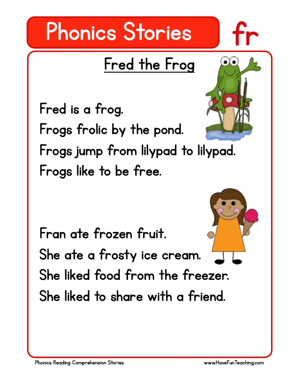 FR phonics passage about Fred the frog and Fran, featuring frogs, frozen fruit, frosty ice cream, and friends.