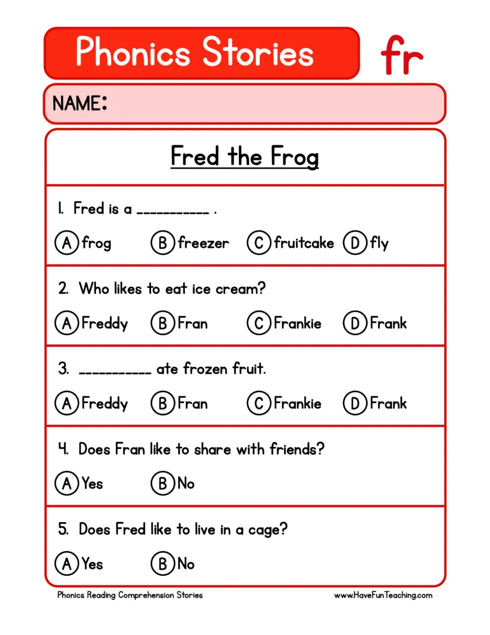 Five comprehension questions about Fred and Fran cover frogs, ice cream, frozen fruit, sharing, and freedom.
