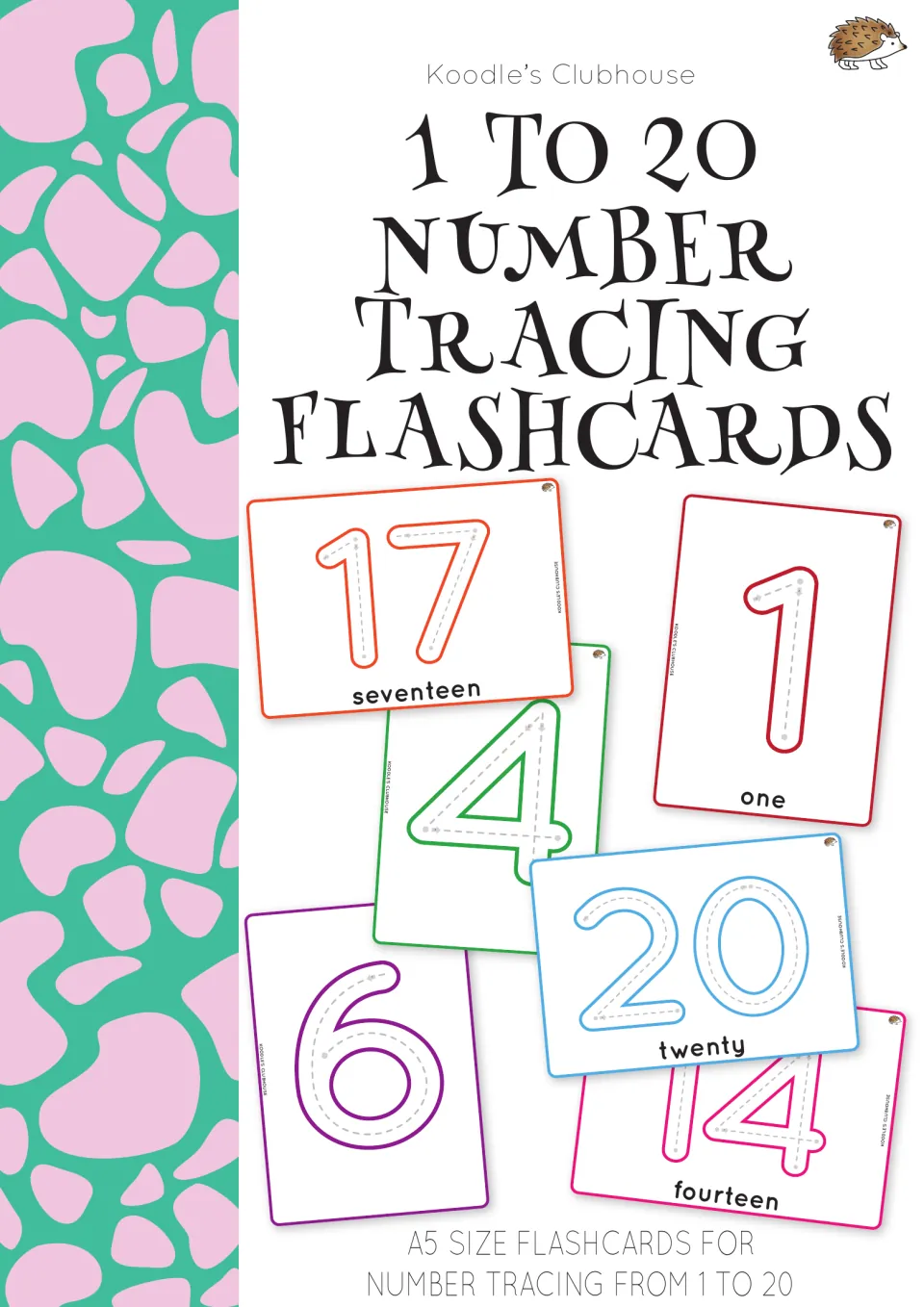 Cover: 1 to 20 number tracing flashcards by Koodle's Clubhouse, showing sample cards for 1, 4, 6, 14, 17 and 20