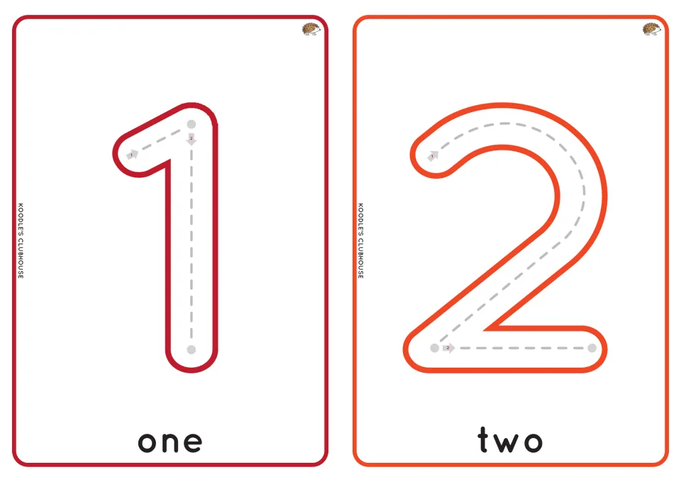 Numbers 1 and 2 tracing cards: students follow numbered arrows along dashed paths and read the words one and two