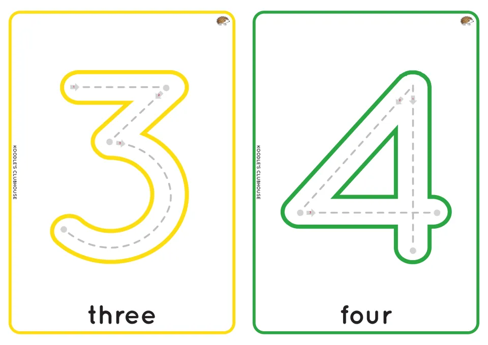 Numbers 3 and 4 tracing cards: students trace each digit along dashed stroke paths with numbered arrows, three and four